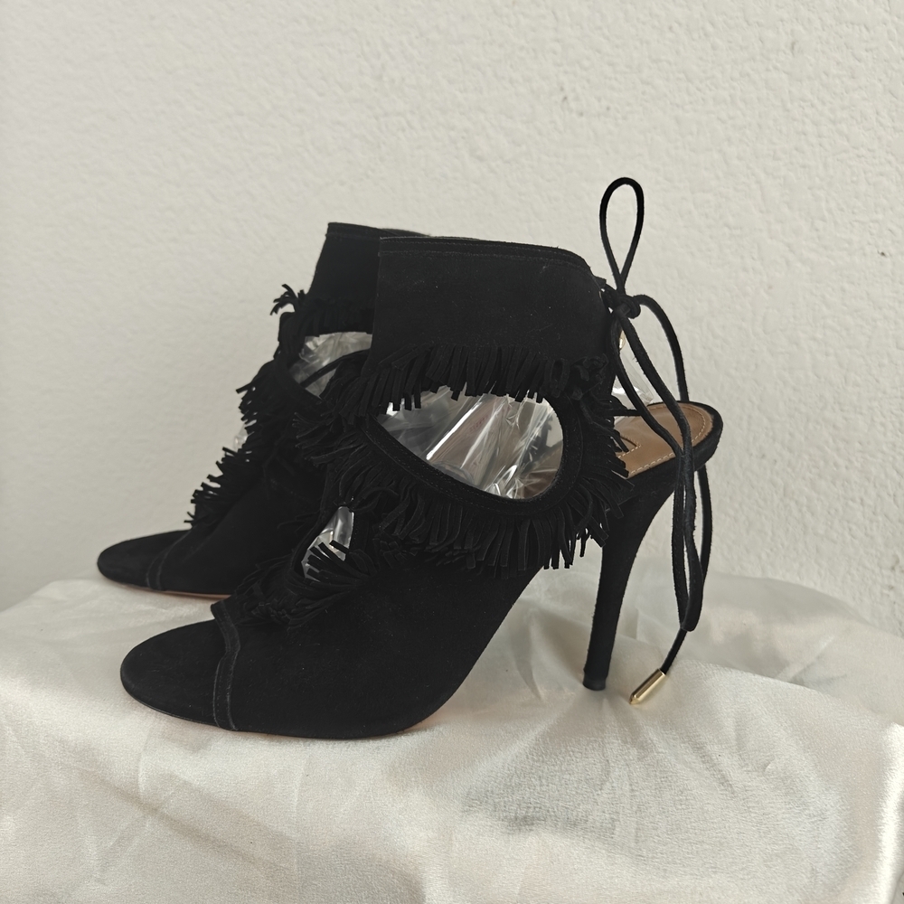 Aquazzura Sexy Fringe 105 Black Suede Cutout Sandal Heels 37.5/7.5 Women's - Picture 3 of 15